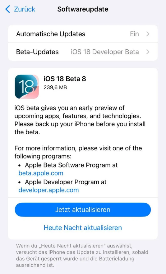 晋源苹果手机维修分享苹果 iOS / iPadOS 18 开发者预览版 Beta 8 发布 